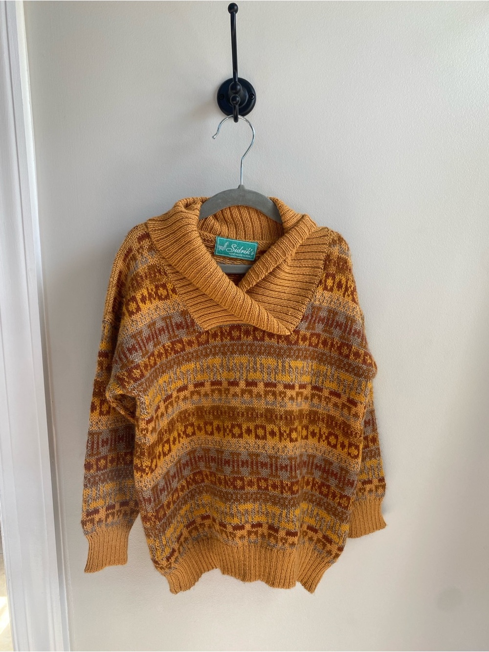 Sidriks 100% Wool Mustard Multi Fair Isle Shawl Collar Sweater